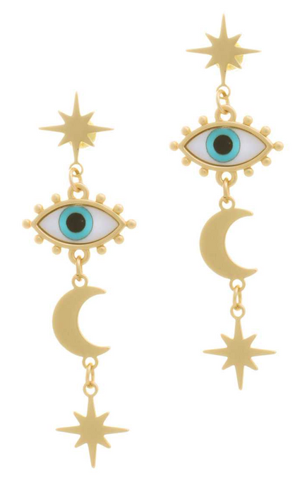 Star and Moon Evil Eye Dangle Earrings