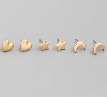 Load image into Gallery viewer, Heart, Moon, Star Stud Earring Set