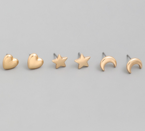 Heart, Moon, Star Stud Earring Set