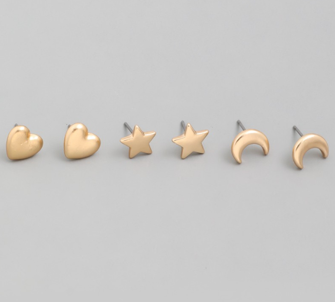 Heart, Moon, Star Stud Earring Set